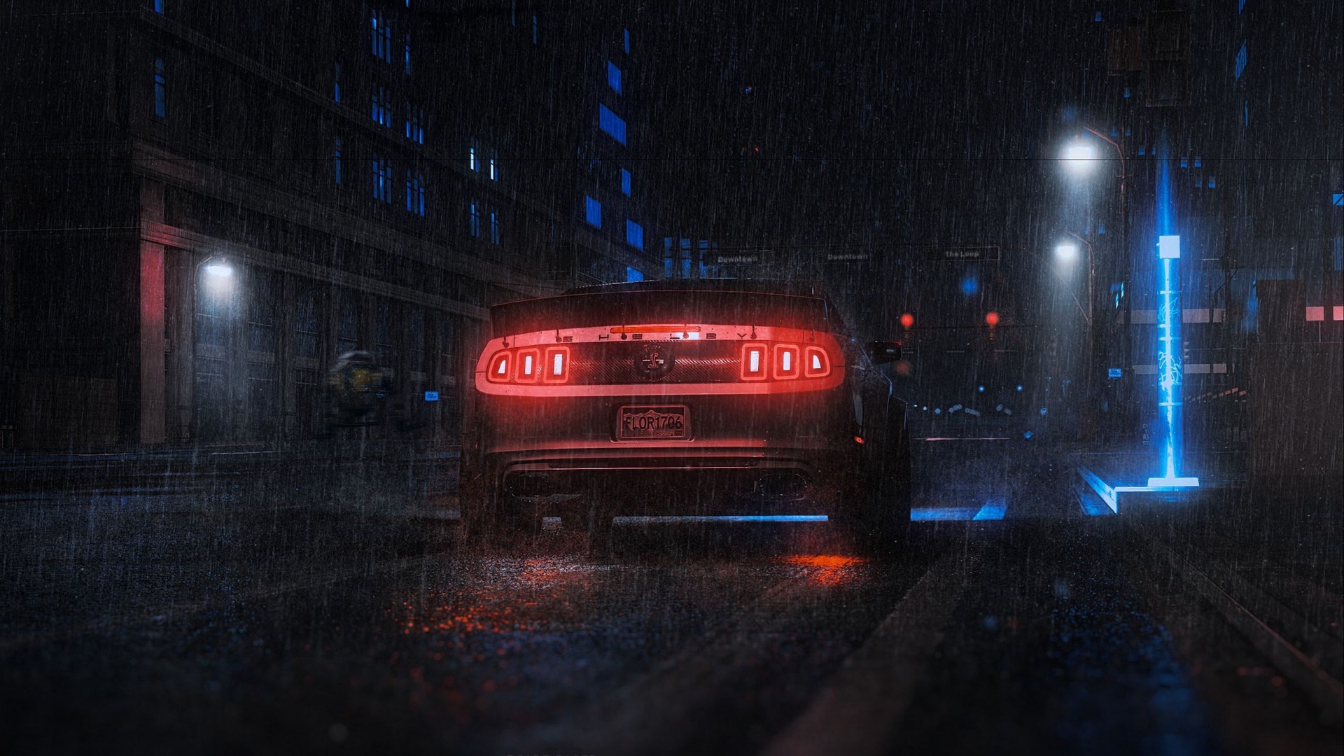 Wallpaper night, rain, street, mustang, ford for mobile and desktop, section арт, resolution 1920x1080