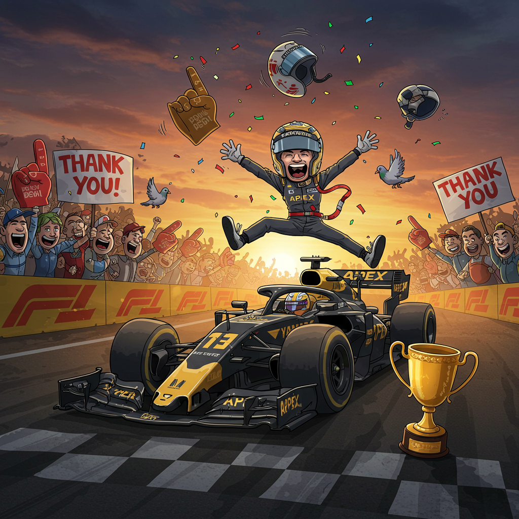 2) Thank You Card Black And Gold Race Car From The APEX Team Wins A F1 Grand Prix At Sunset In Front Of A Cheering Crowd. The Driver Is