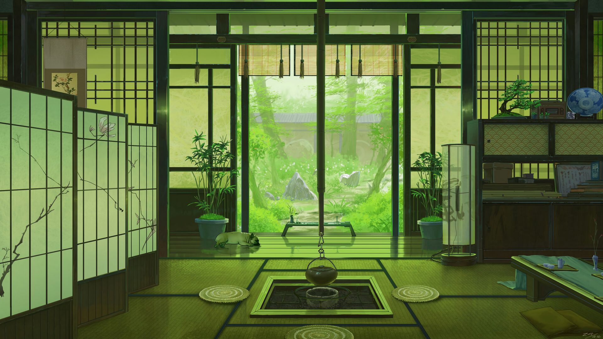 Download wallpaper 1920x1080 interior, japan, art, window, view full hd, hdtv, fhd, 1080p HD background
