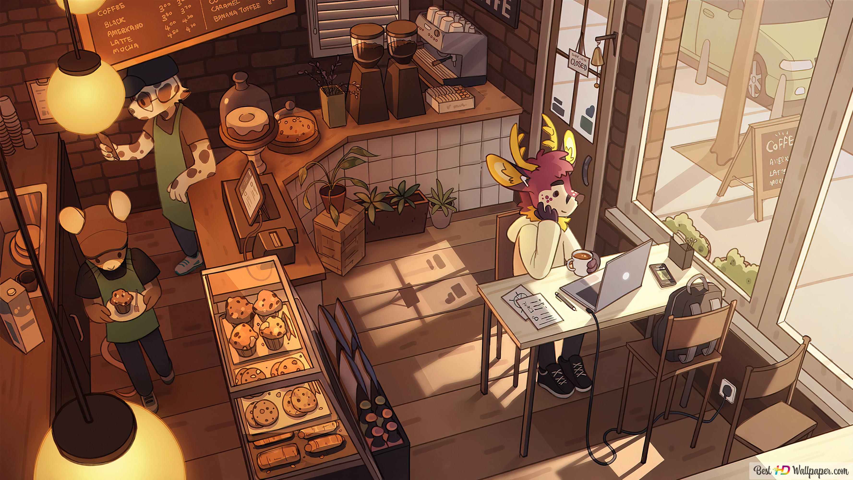 Lofi Cafe Studying Art 4K wallpaper download