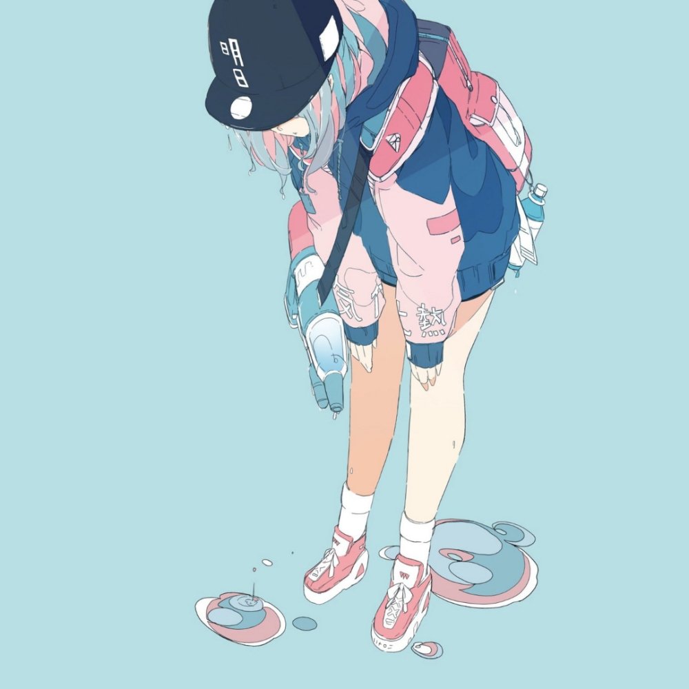 Download Blue Hair Hat Backpack Water Anime Original PFP