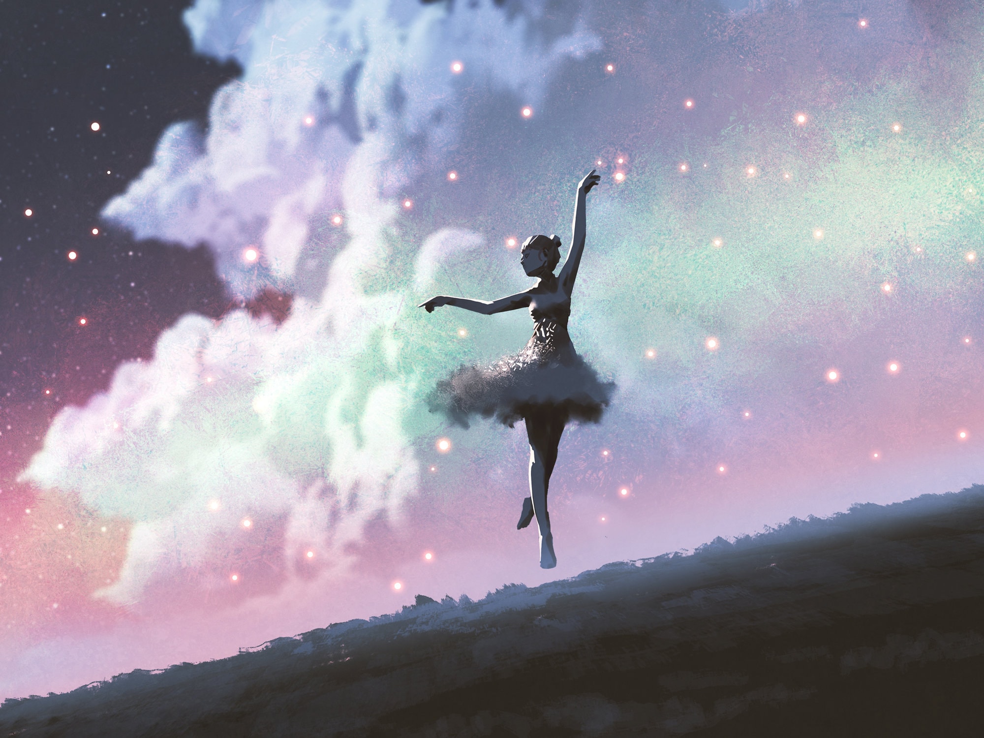 Magical Dancing Ballerina Wall Mural. Night Sky Rainbow Sparkly Clouds Paper Wallpaper. DIY Feature Wall for Children's and Kids Bedroom