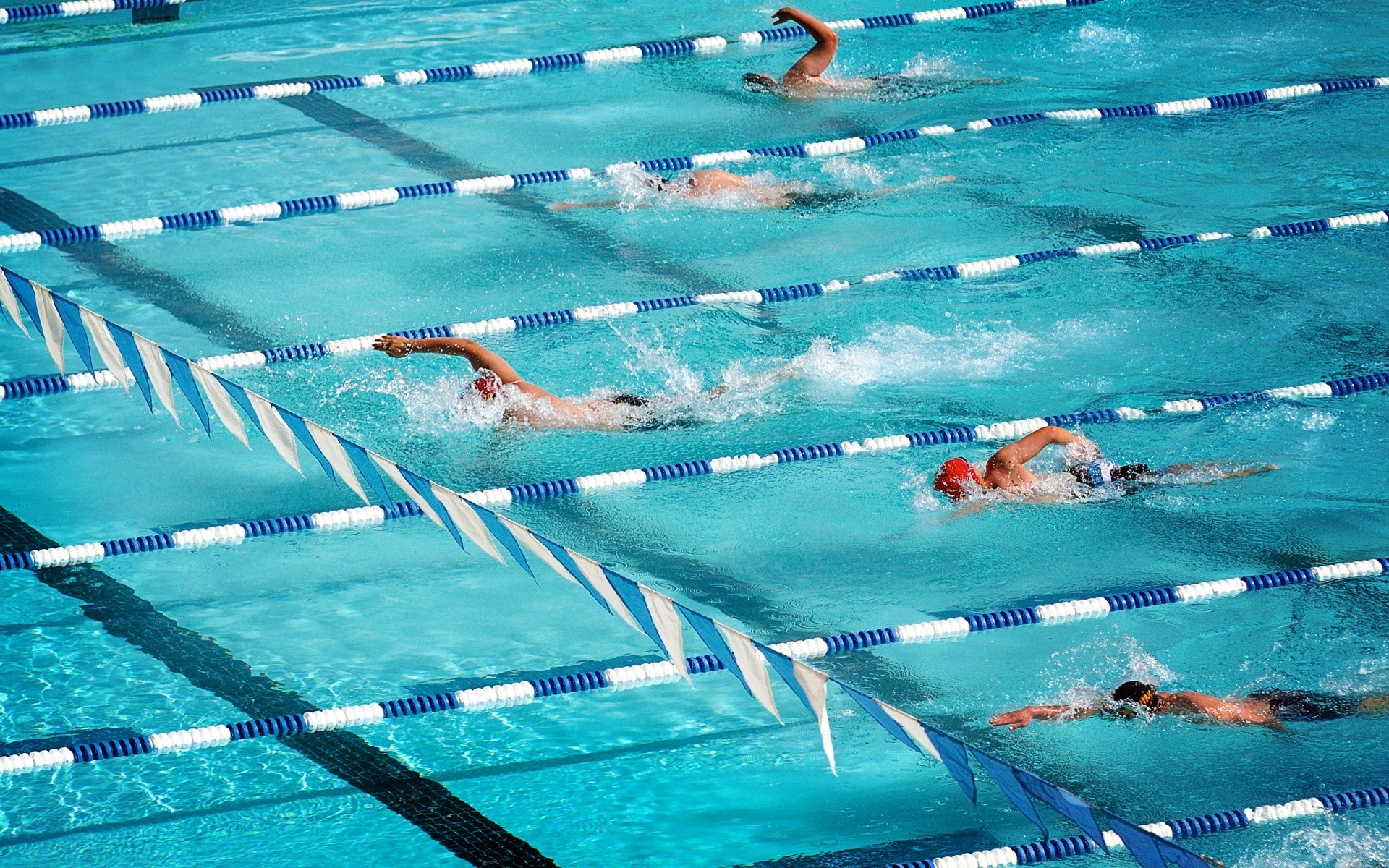 Men in a swim in the pool on the tracks