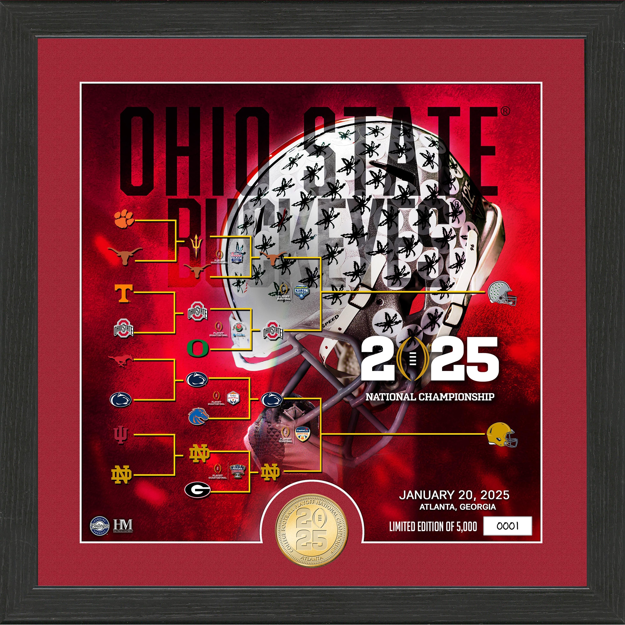 Highland Mint Ohio State Buckeyes College Football Playoff 2025 National Championship Game 13 x 13 Bronze Coin Photo Mint