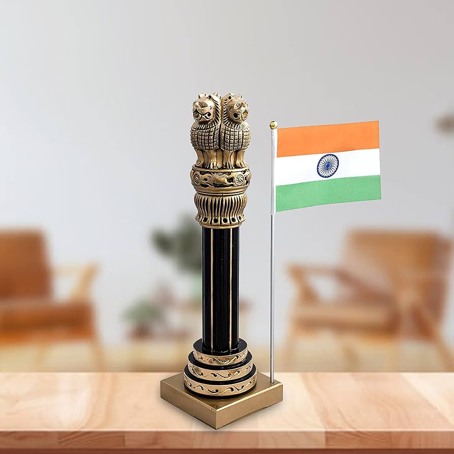 AONA Decorative Wooden Ashoka Stambh Emblem with Flag India Ashok Chakra Pillar Memento Sculpture Home Office Desk Artwork Showpiece(7 Inches), Home & Kitchen