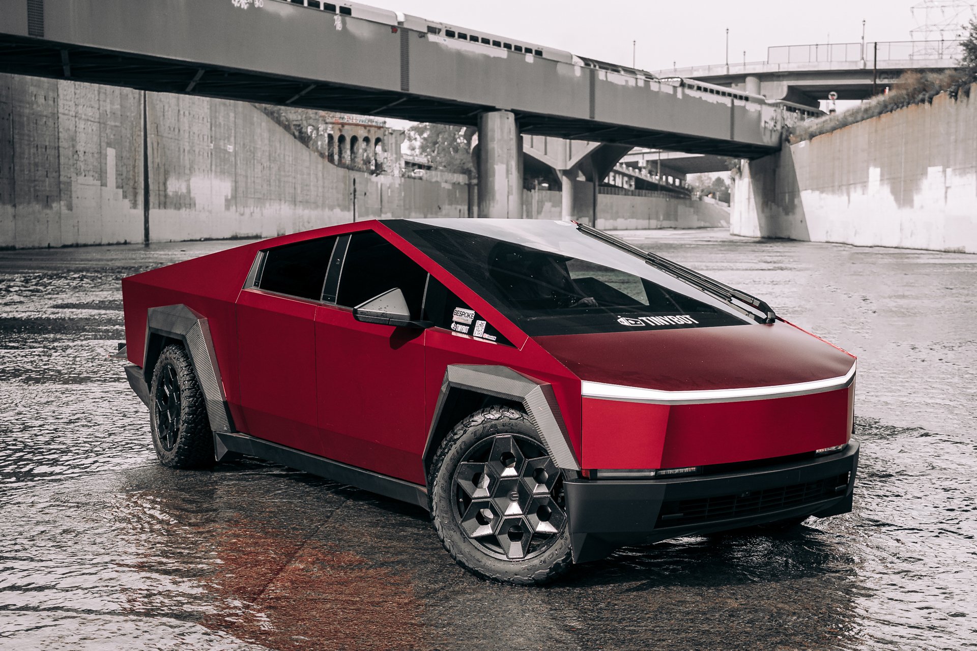 Matte Metallic Red Cybertruck takes on Iconic Los Angeles Film Location