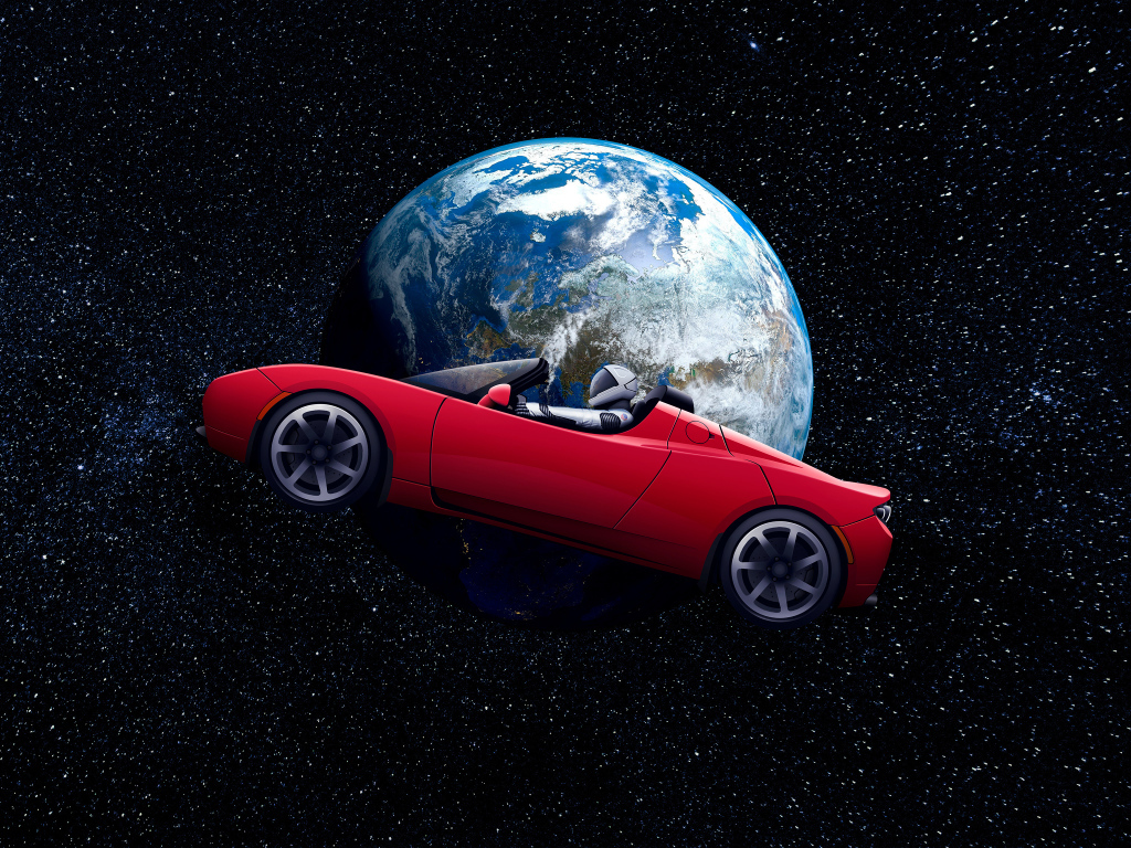Red car Tesla Roadster flies in space above the earth Desktop wallpaper 1024x768