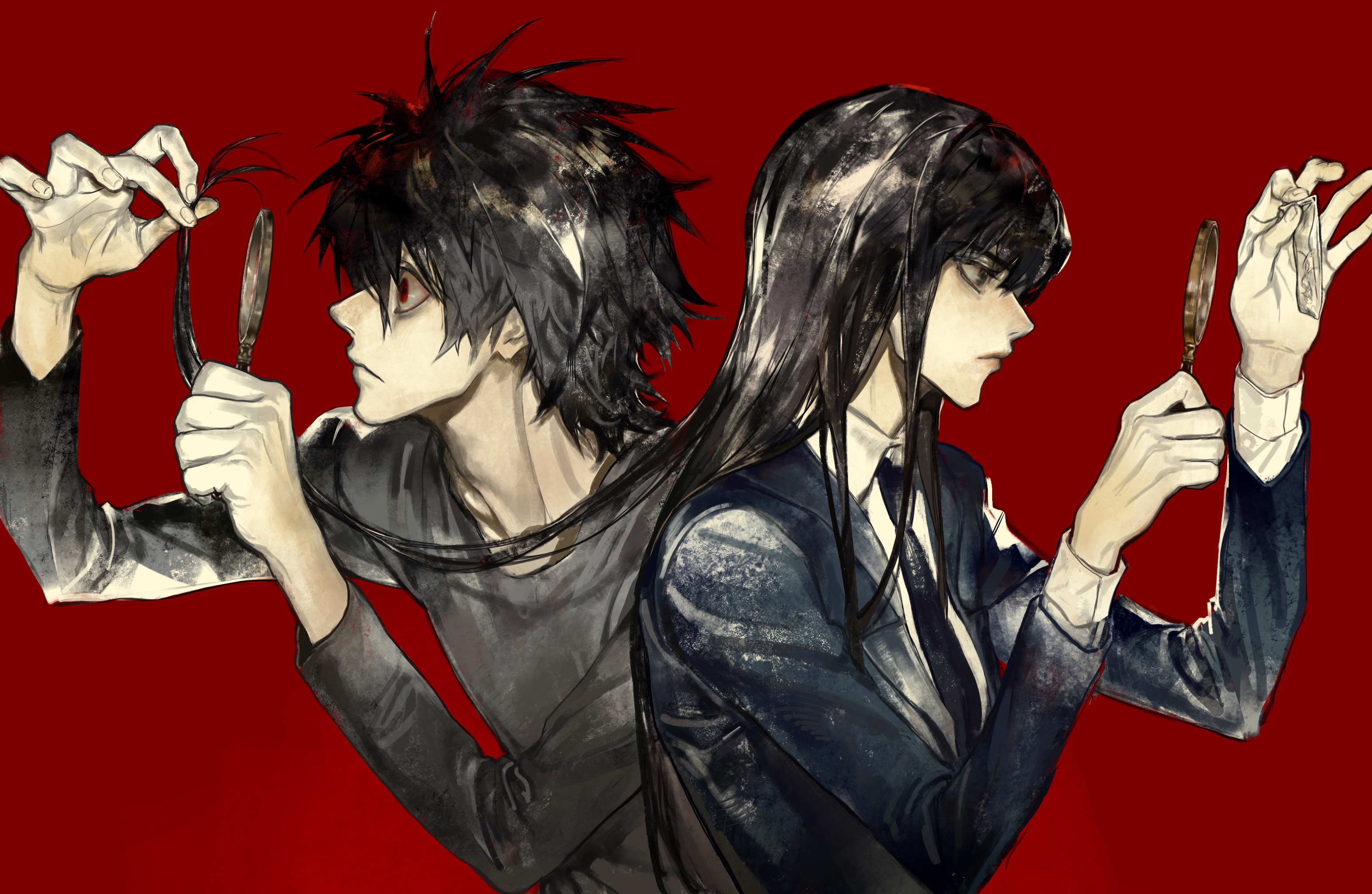 Wallpaper girl, guy, magnifier, Beyond Birthday, Naomi Misora, Death Note Another Note for mobile and desktop, section арт, resolution 3143x2048