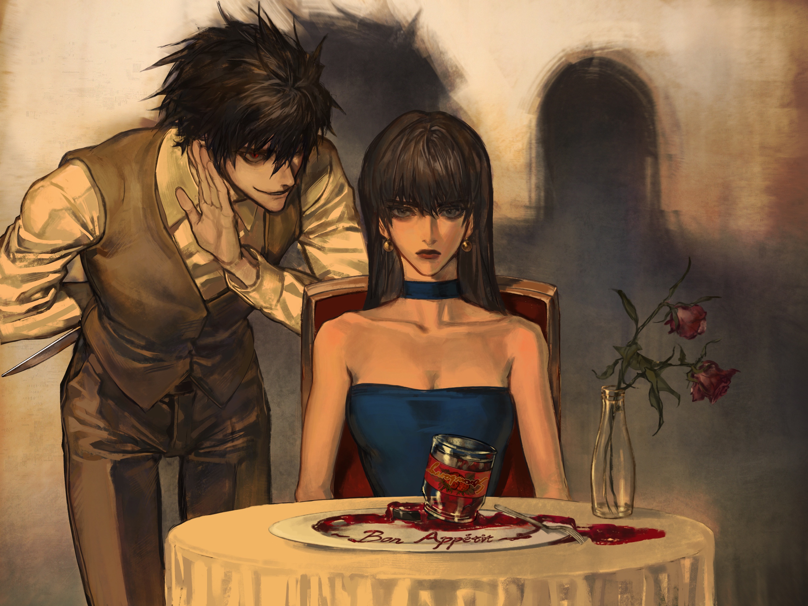 Wallpaper girl, flowers, table, guy, Beyond Birthday, Naomi Misora, Death Note Another Note for mobile and desktop, section арт, resolution 2732x2048