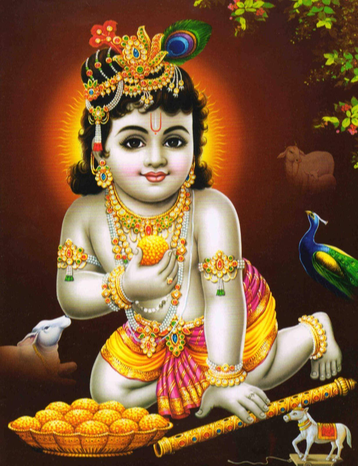 Download Krishna Phone Baby Krishna With Plate Of Butter Wallpaper