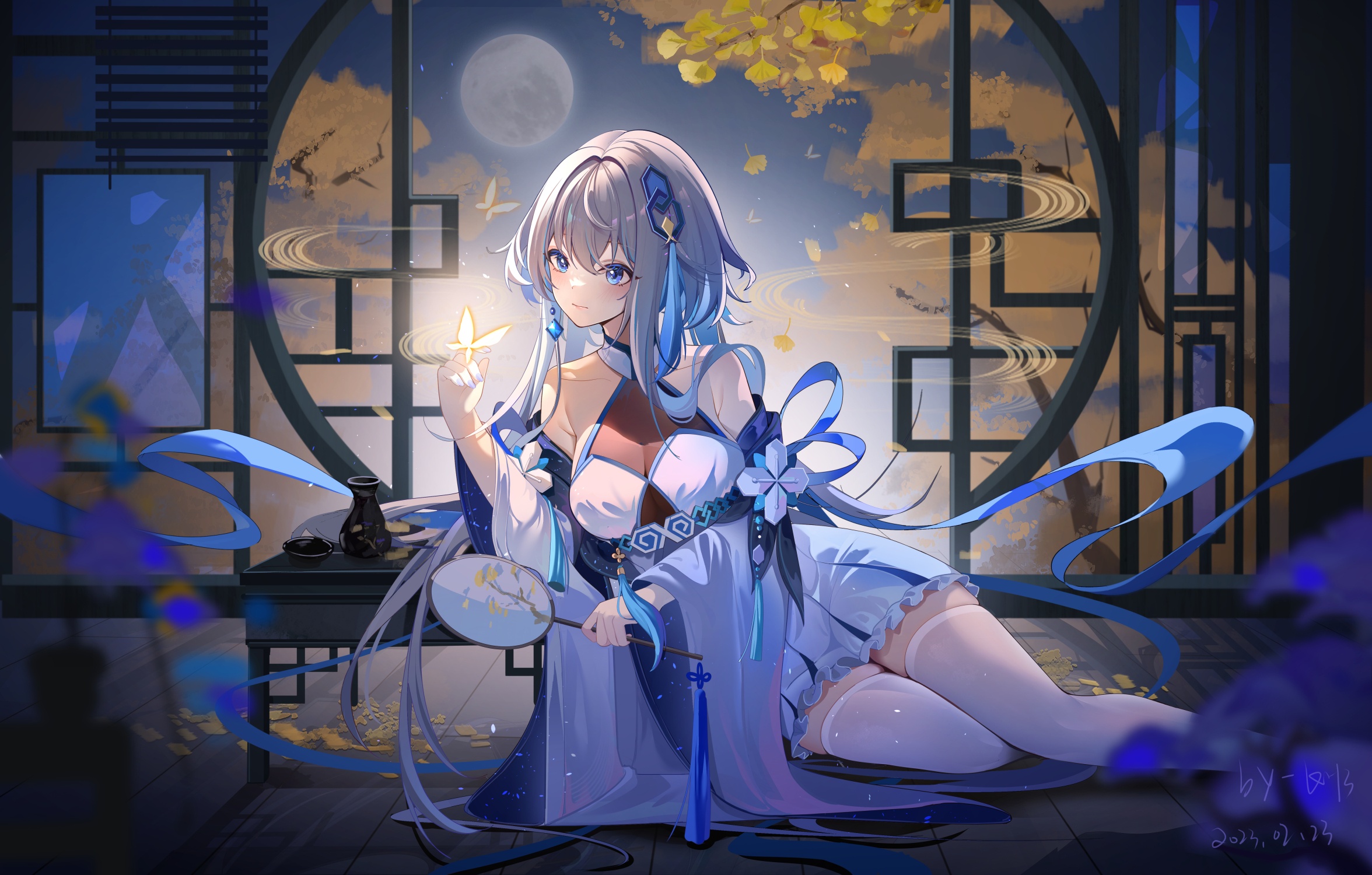 Wallpaper autumn, night, butterfly, The moon, booze, Genshin Impact, the girl is squatting, Guizhong for mobile and desktop, section игры, resolution 2352x1500