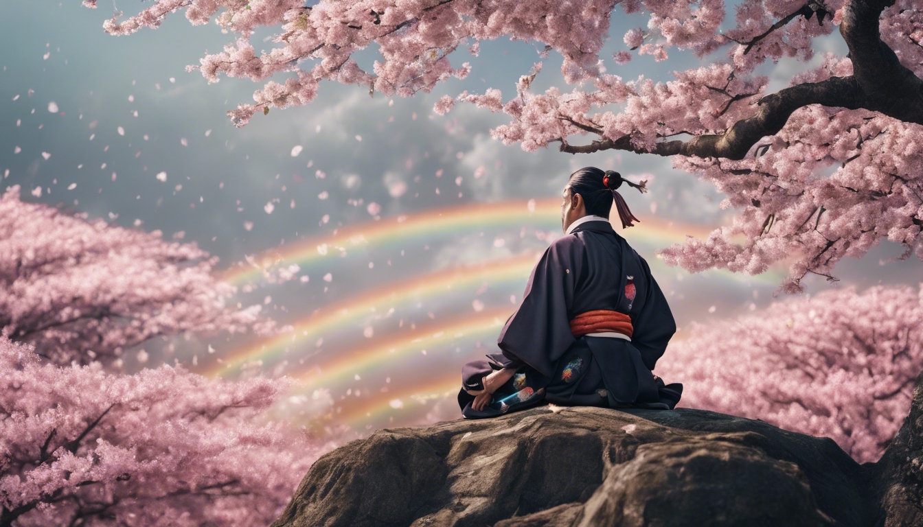 An image inspired by the Edo period: a Samurai peacefully sitting under a cherry blossom tree with a rainbow in the background. Wallpaper [5cc8d8a63f2a418586cf]