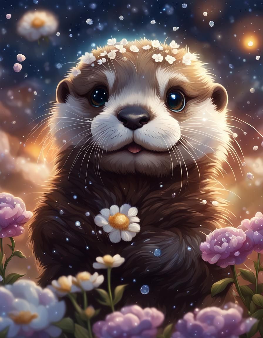 otter Baby Otter Playing in Flower Rain