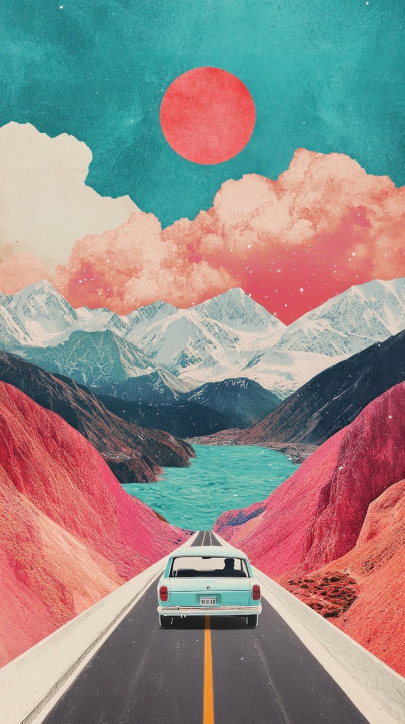Collage Retro Dreamy Of A Car Driving On Expressway Through Mountains Image Wallpaper