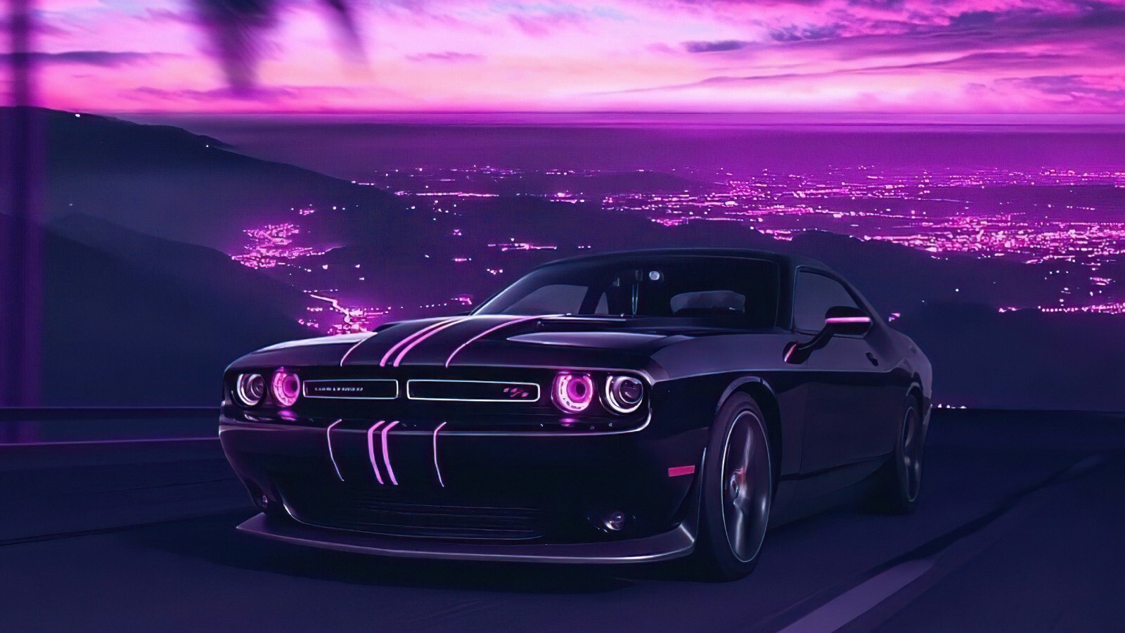 Black Dodge Challenger City View Purple Sky. POSTER 24 X 36 INCH