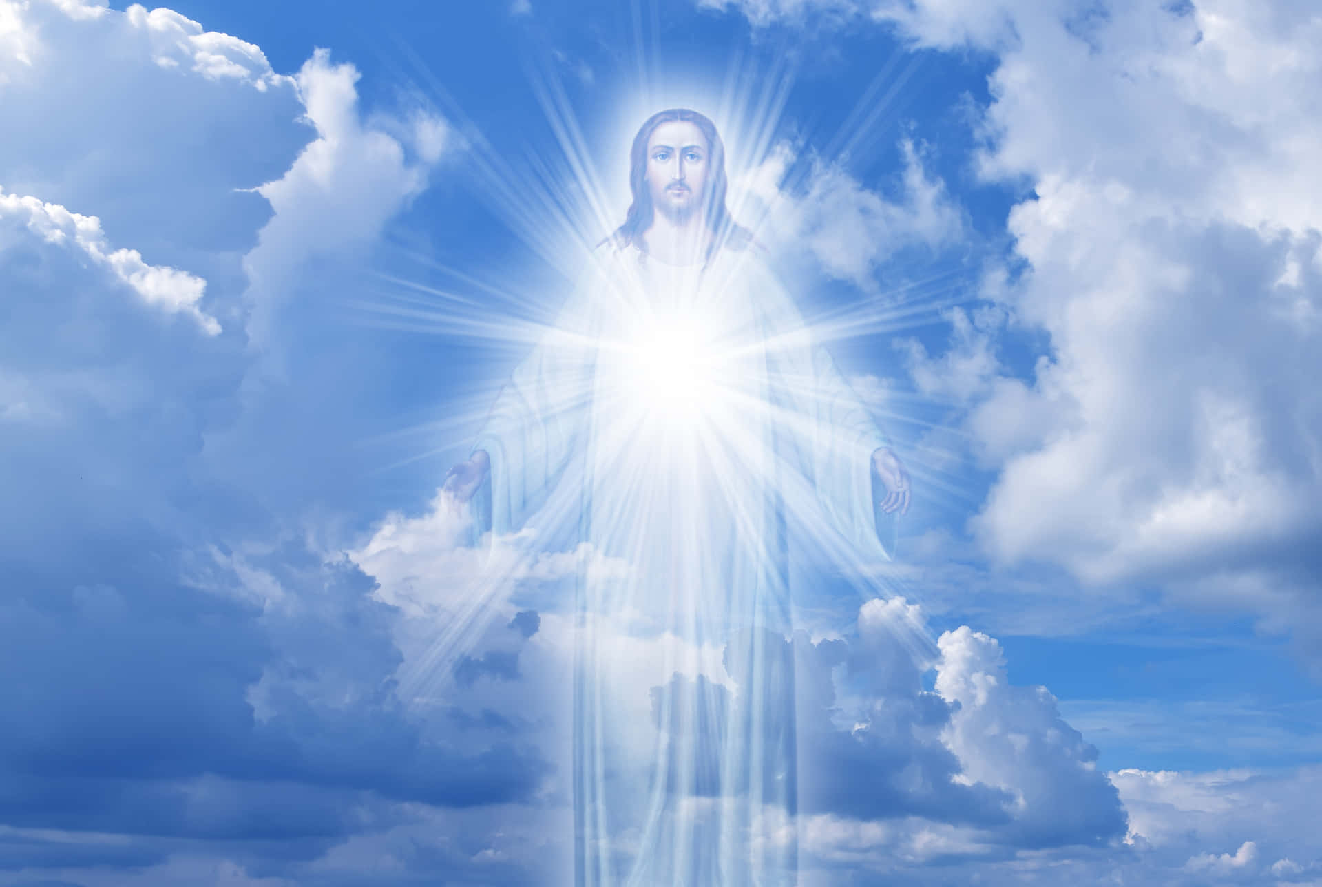 Download Jesus In Heaven Hologram Against Blue Sky Wallpaper