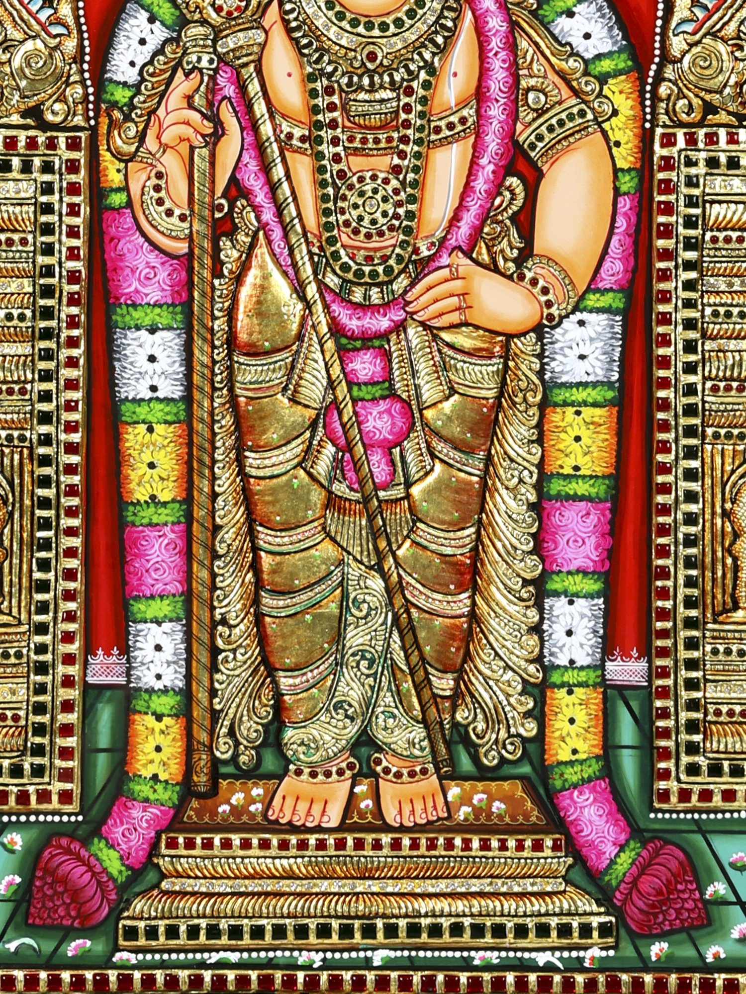 Lord Karttikeya Standing on Kirtimukha Throne Karat Gold Work. Framed Tanjore Painting. Exotic India Art