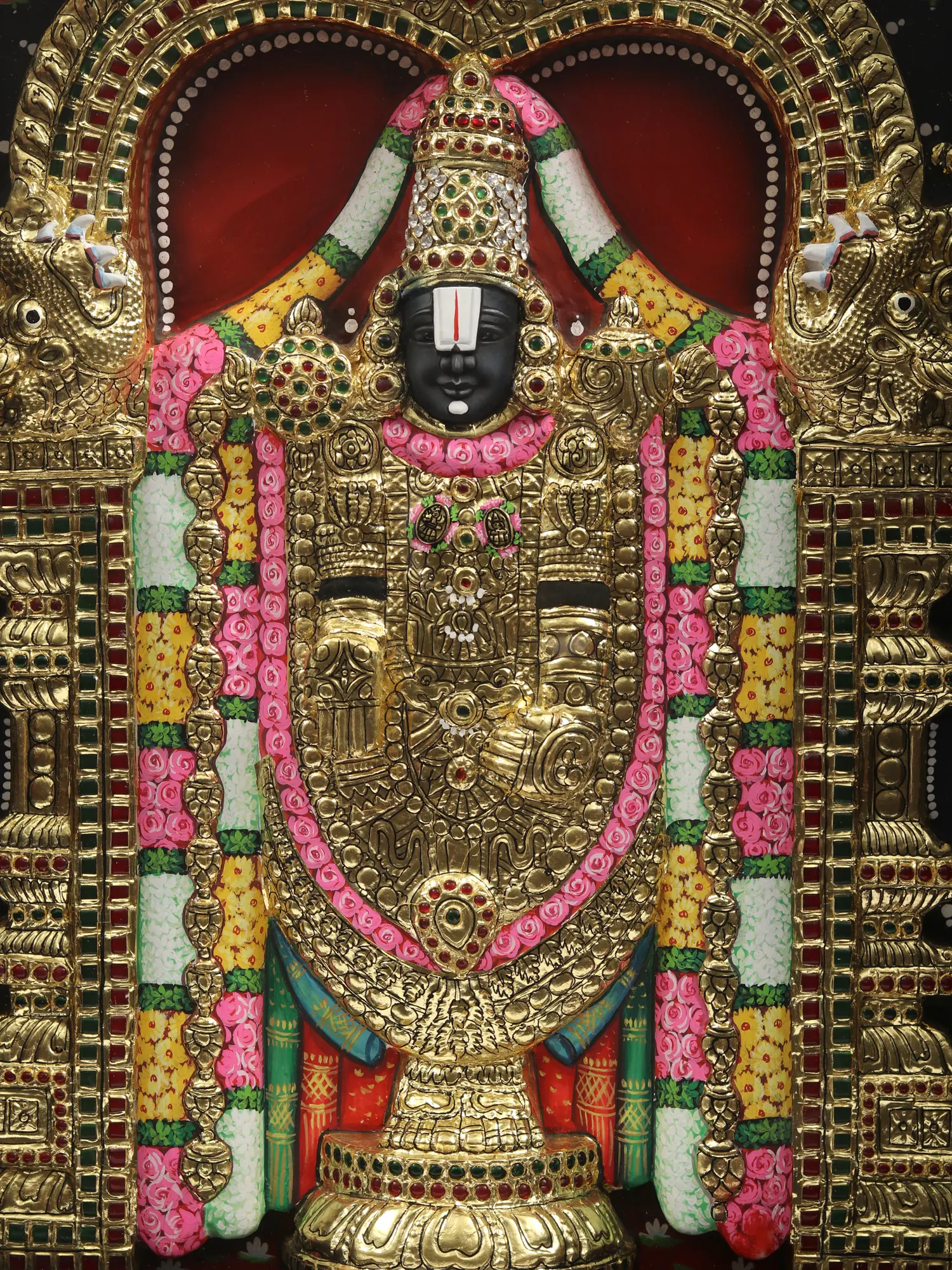 Tirupati Balaji (Venkateshvara) with Kirtimukha Arch. Embossed Tanjore Painting karat Gold Work. Exotic India Art
