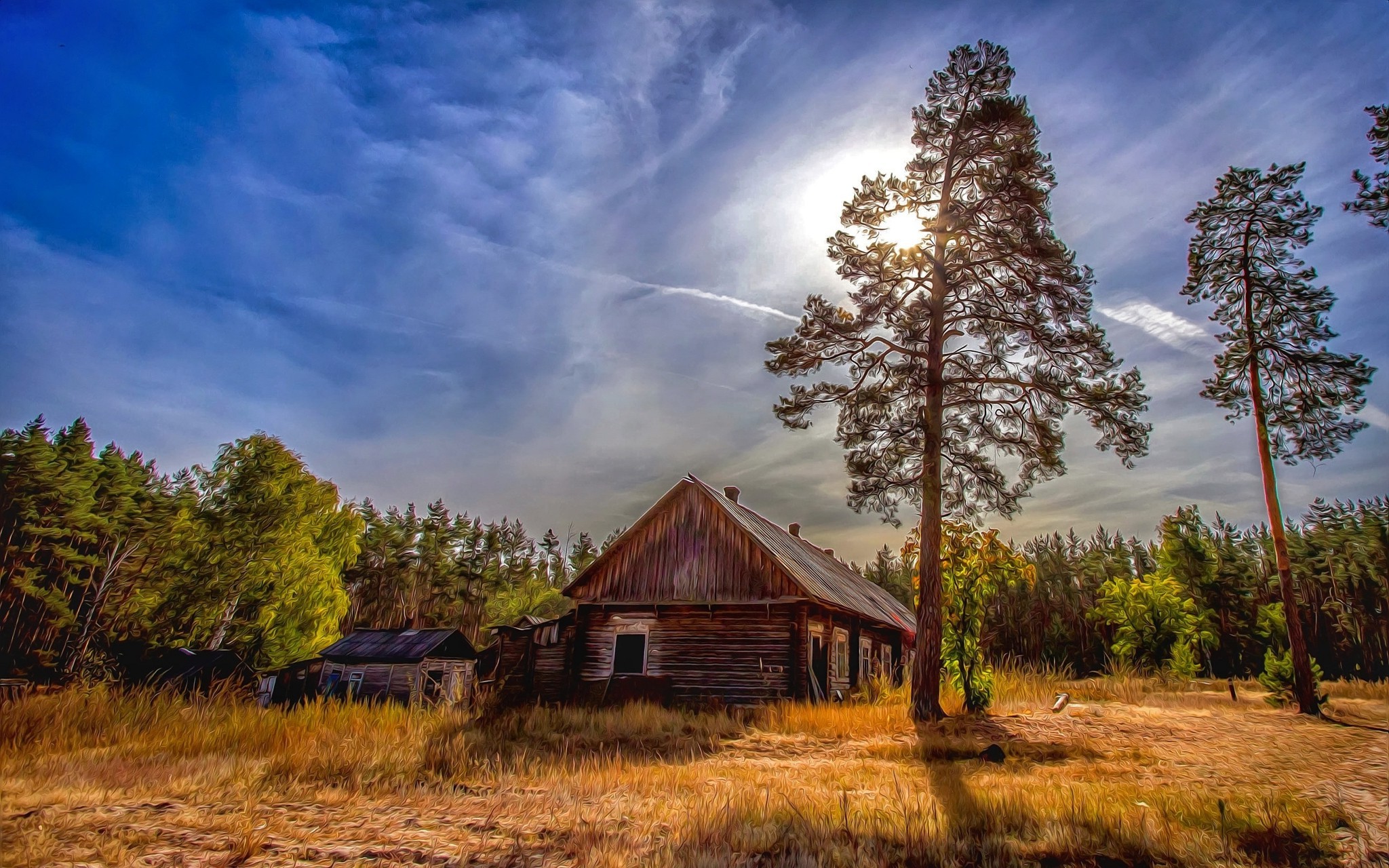 landscape, Nature, Forest, Cabin, Dry Grass, Abandoned, Trees, Sun, Clouds, Russia, Fall Wallpaper HD / Desktop and Mobile Background
