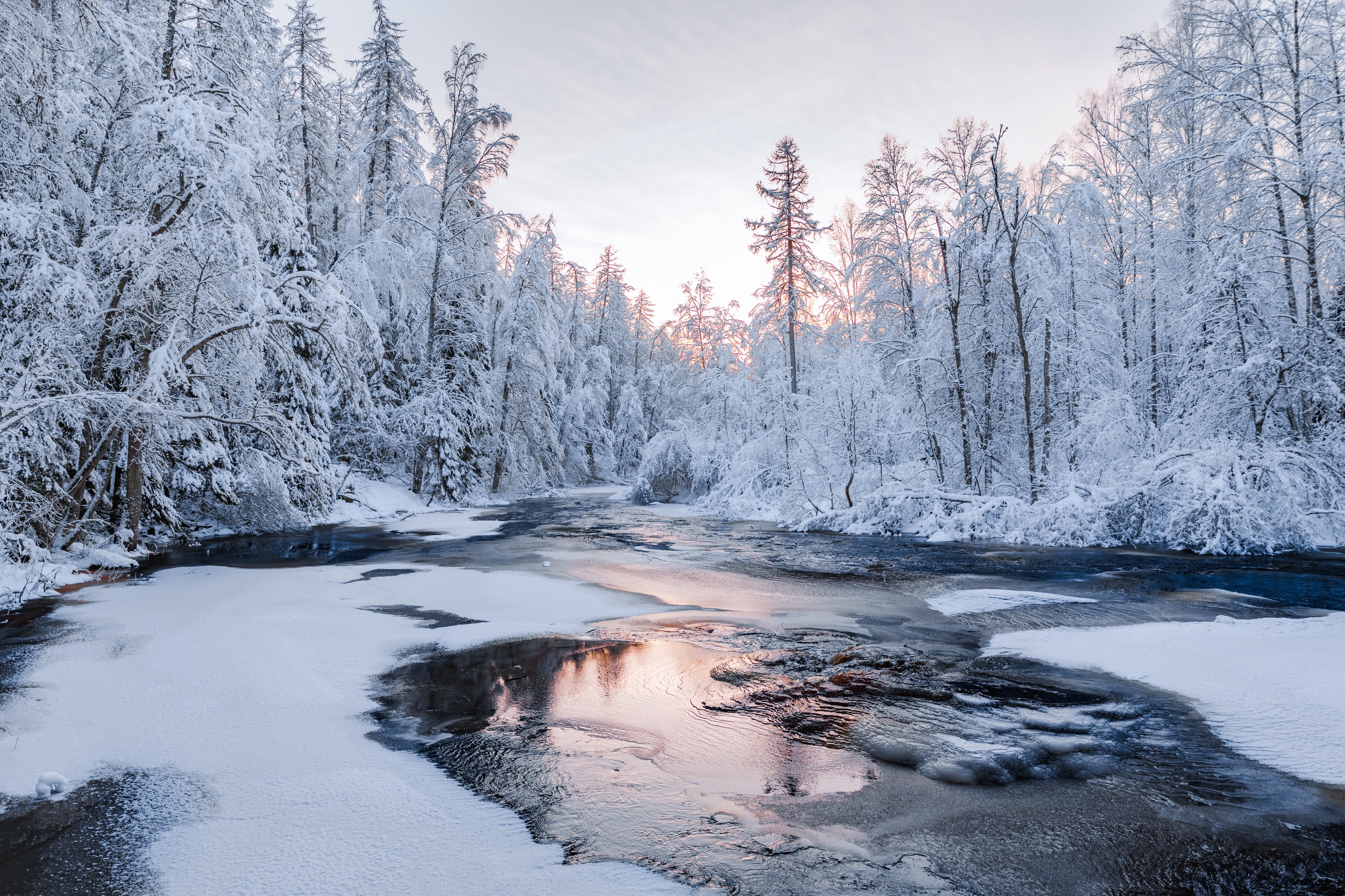 Winter Serenity: Snow Covered Russian River HD Wallpaper