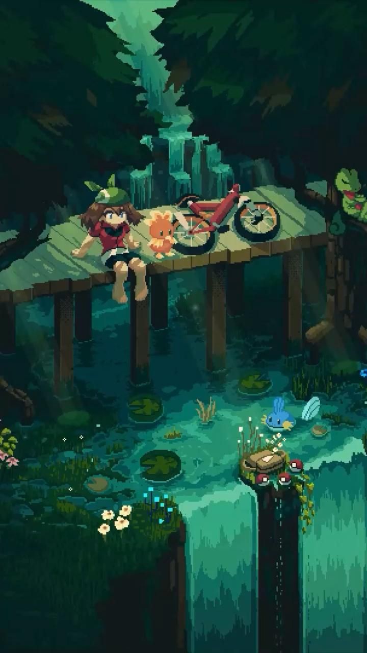 May Sitting Near Waterfall Pokemon Emerald Pixel Live Wallpaper