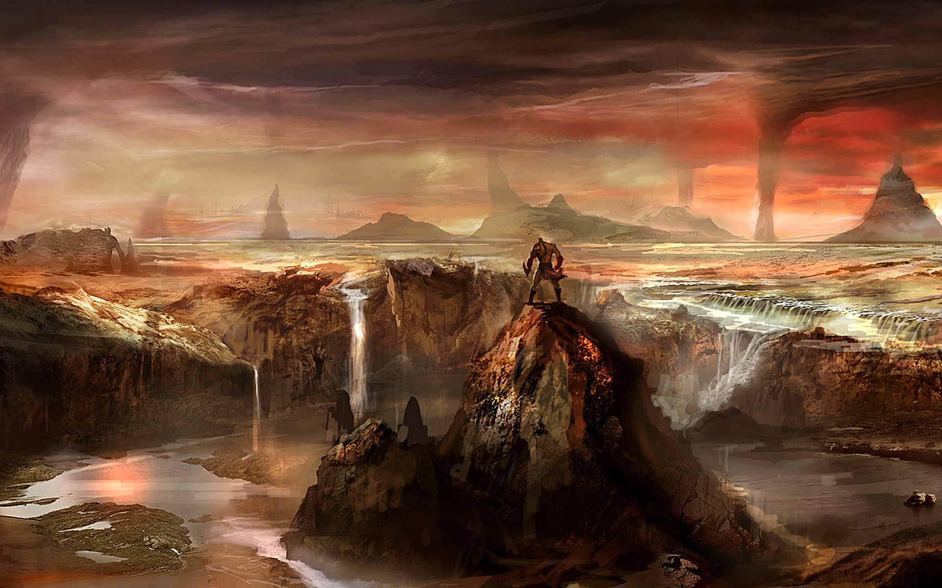 Wallpaper landscape, mountains, rock, river, rocks, people, waterfall, God of War 3 for mobile and desktop, section игры, resolution 1920x1200