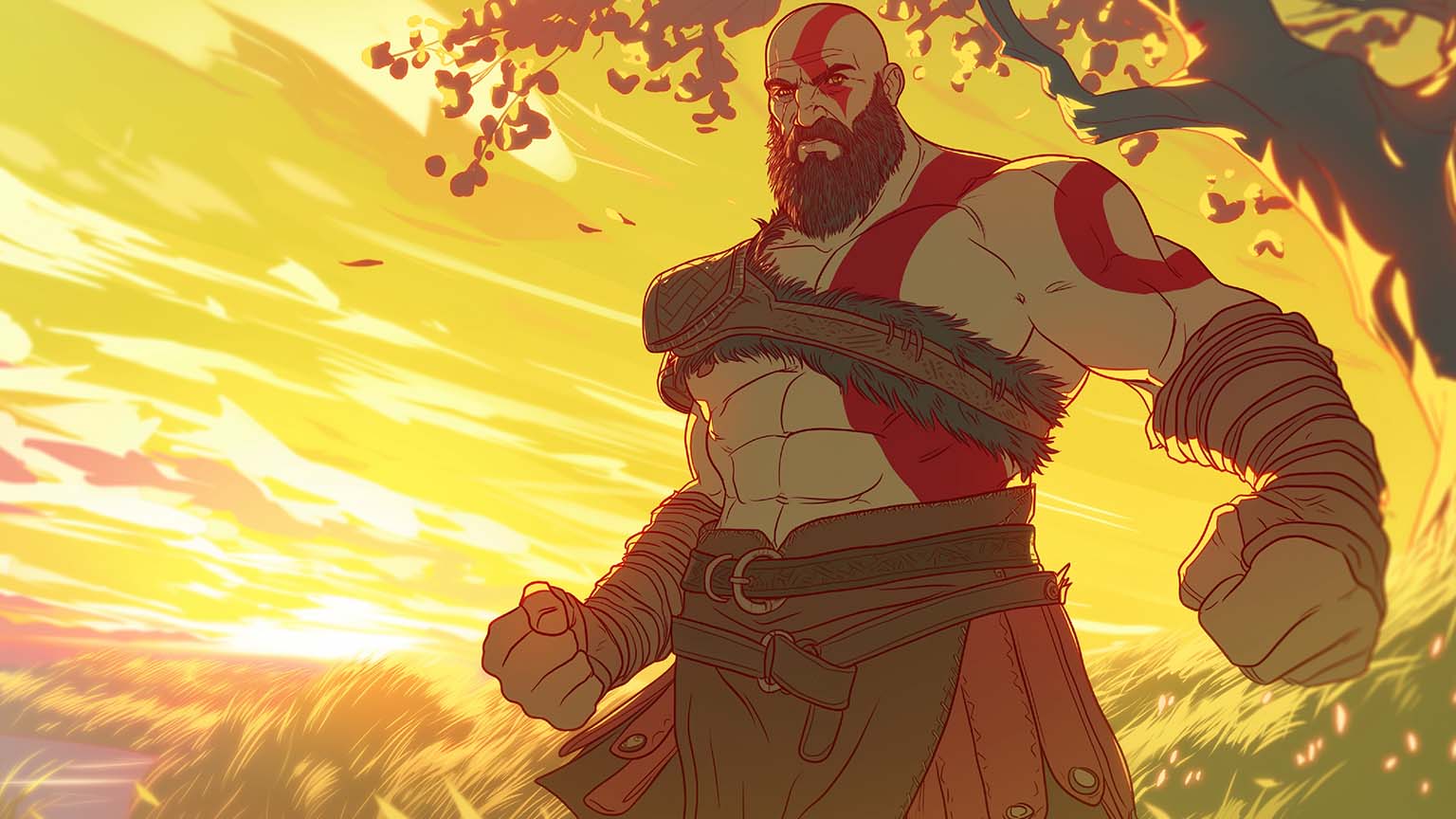 God of War Kratos Sunset Landscape Desktop Wallpaper in 4K