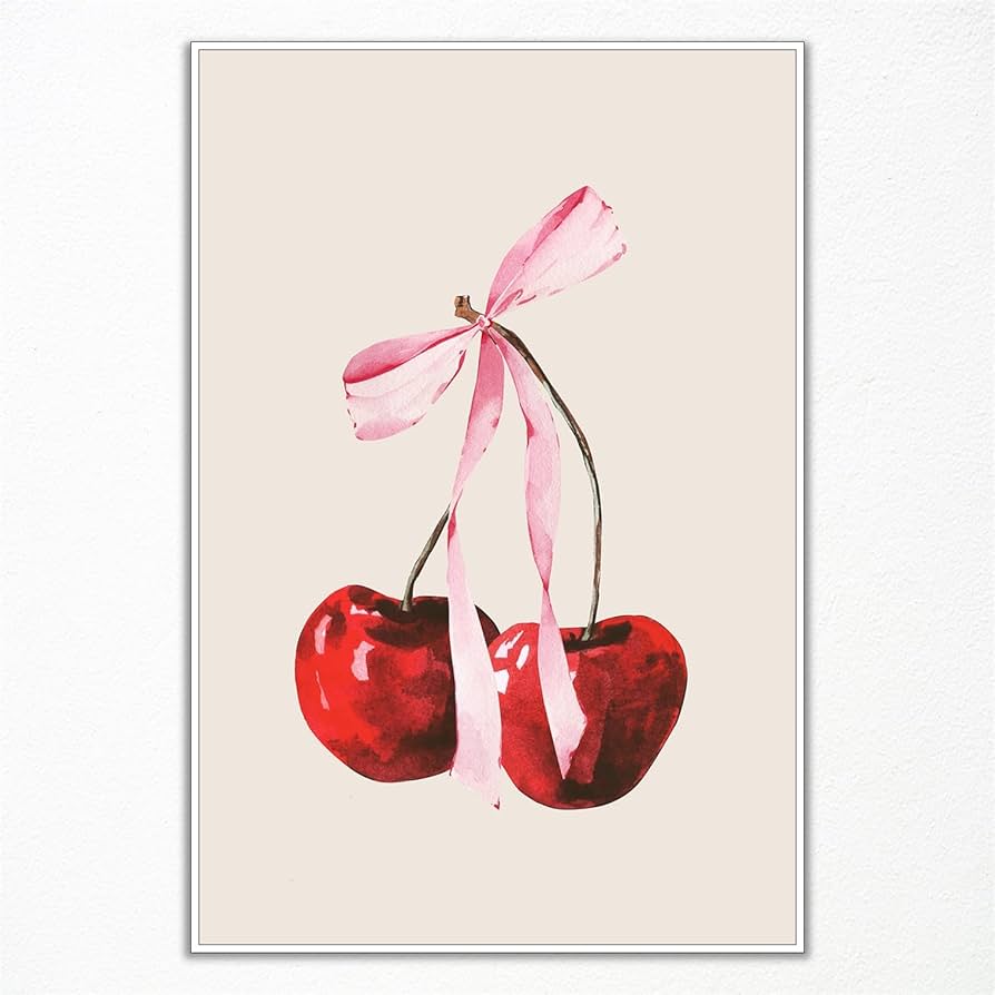 Red Cherry Canvas Wall Art, Cherry Pink Bow Poster for Girl Bedroom, Coquette Feminine Poster, Trendy Bow Art, Preppy College Apartment Print, Coquette Girly Wall Art for Bedroom 12x16in Unframed: Posters