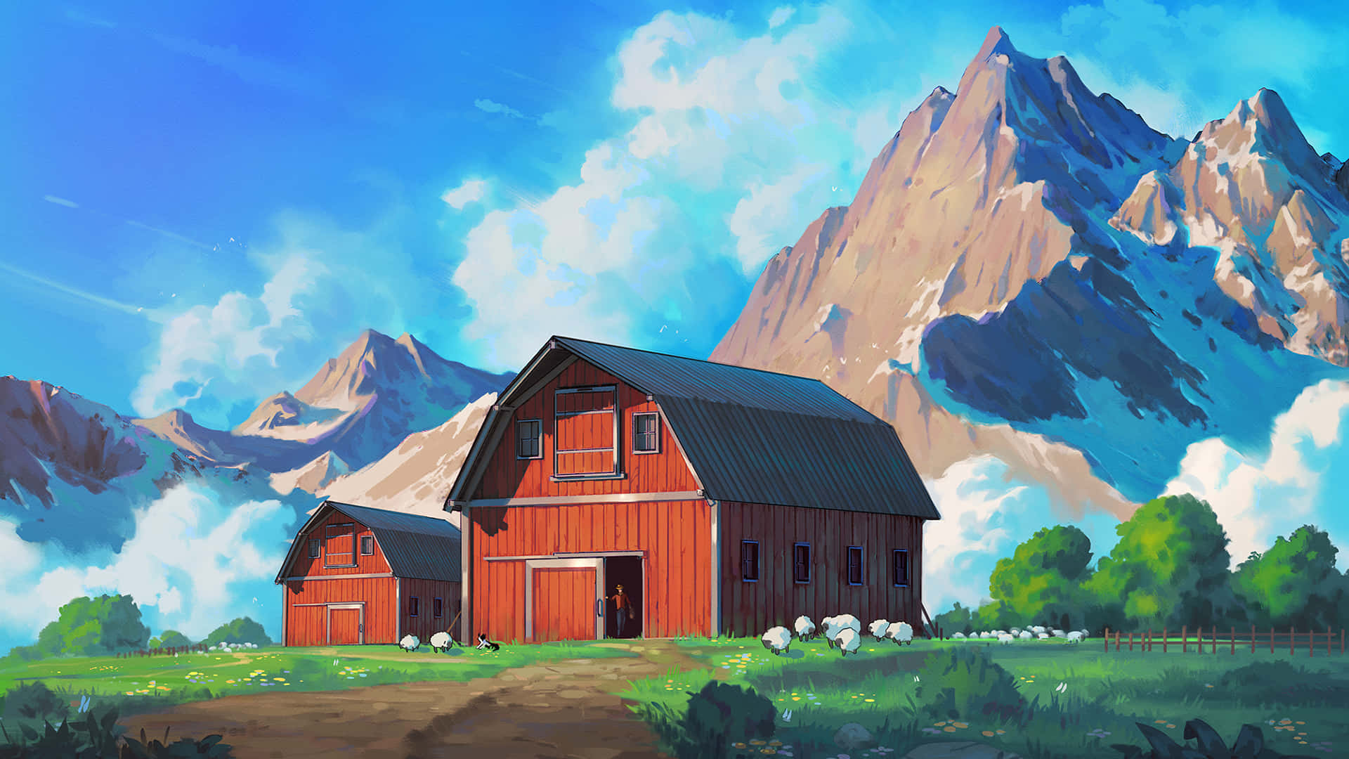 Download Barn In Mountain Countryside Anime Art Wallpaper