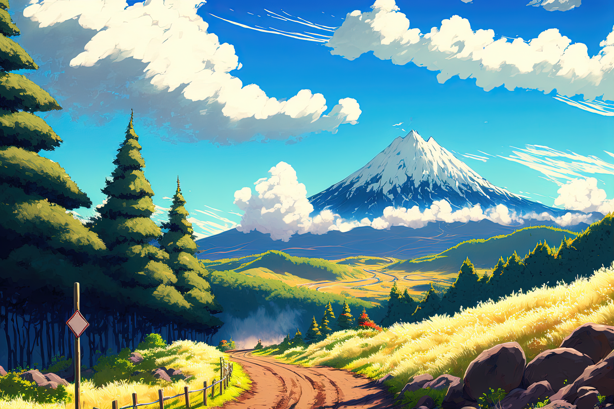 Stunning HD Anime Landscape: Serene Mountain and Vibrant Countryside View