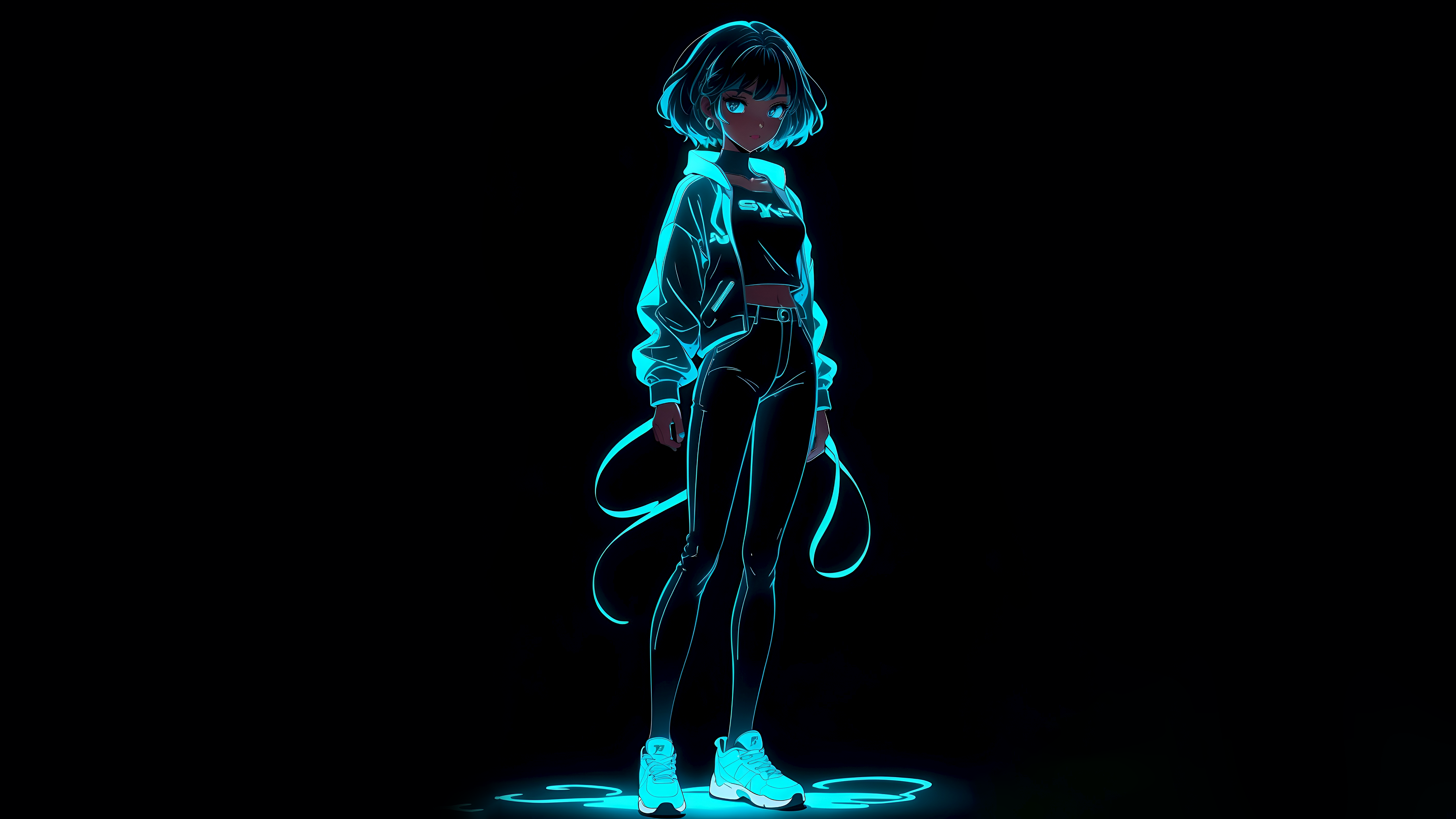 Neon Wallpaper 4K, Anime girl, Black background