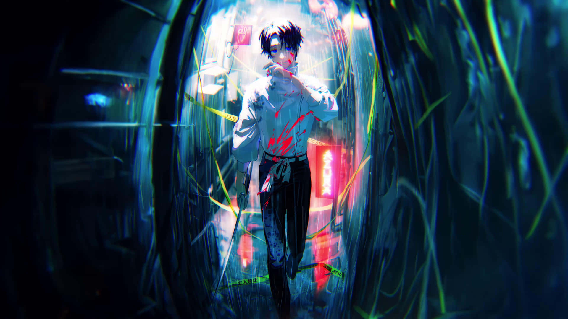 Download Cyberpunk Anime Characterin Neon Lights Wallpaper