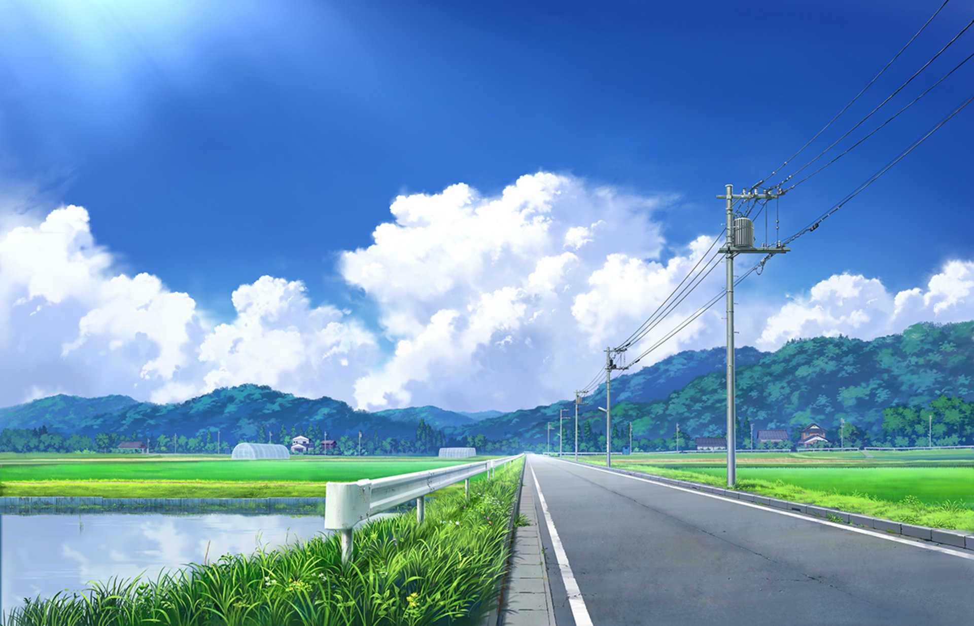Serene Countryside Road: HD Anime Landscape Wallpaper by ぺい