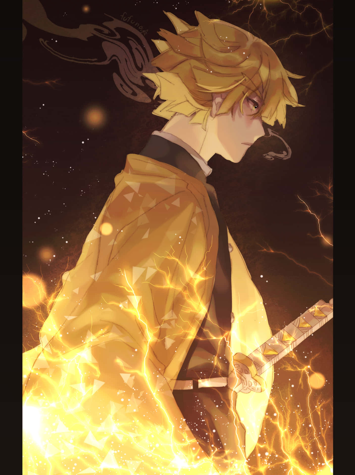 Download Zenitsu Agatsuma Unleashes Lightning Fast Sword Skills In Demon Slayer Wallpaper