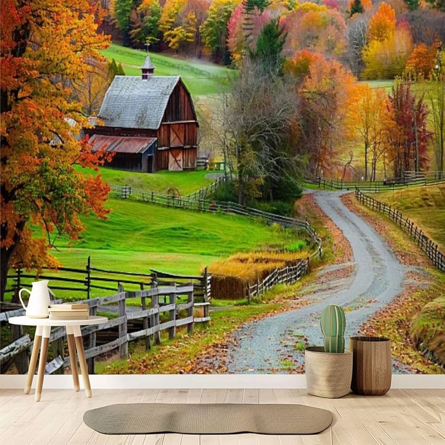 GAROLINAPW Vintage Wallpaper New England Countryside Farm Autumn Landscape Rural Scenery Wall Mural Peel and Stick Canvas Art Wall Mural Decor Self- Adhesive Wallpaper for Bedroom Living Room