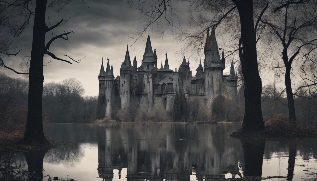 A noir scene of a Gothic castle reflecting in a still lake amid a grove of skeletal trees. Wallpaper [22bcfd30ef73473fa72e]
