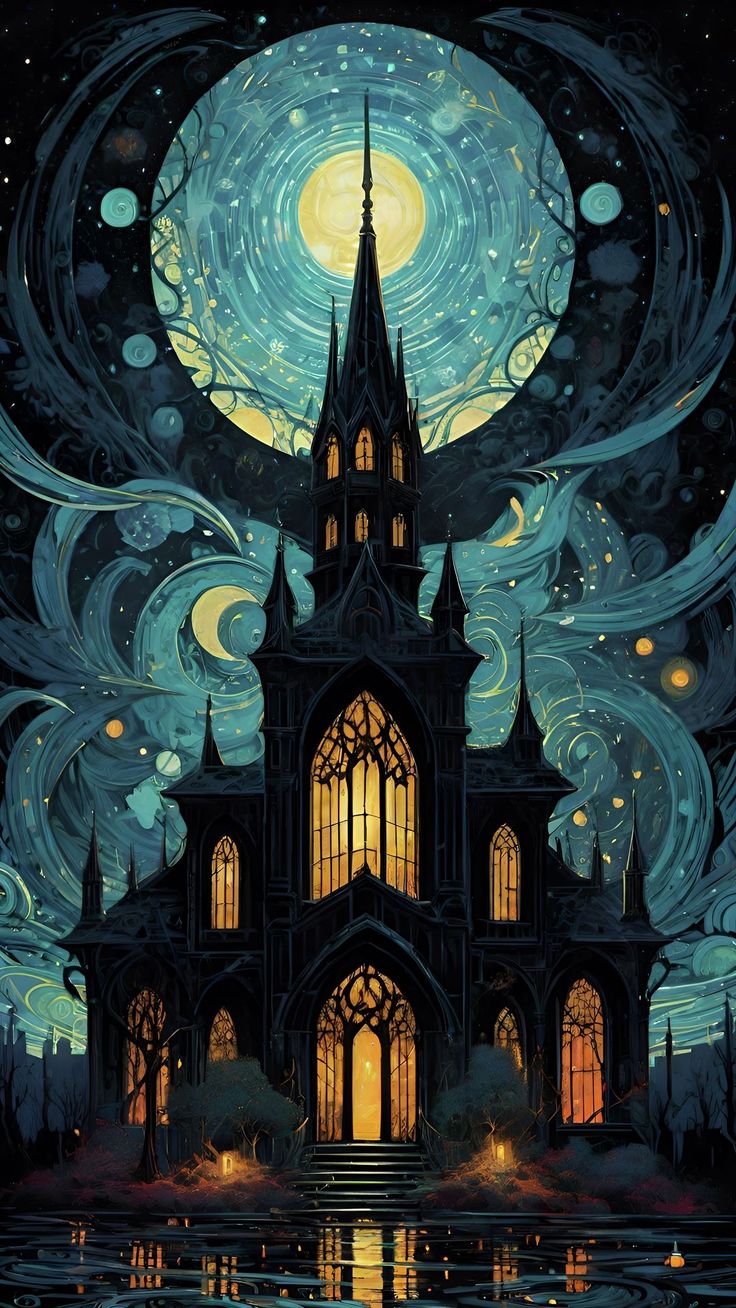 free wallpaper 4K castle, windows, moon, night, painting, mosaic, art for mobile and desktop