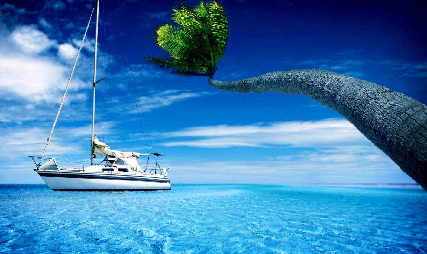 Download 3D Nature Boat And Tree In Ocean Wallpaper
