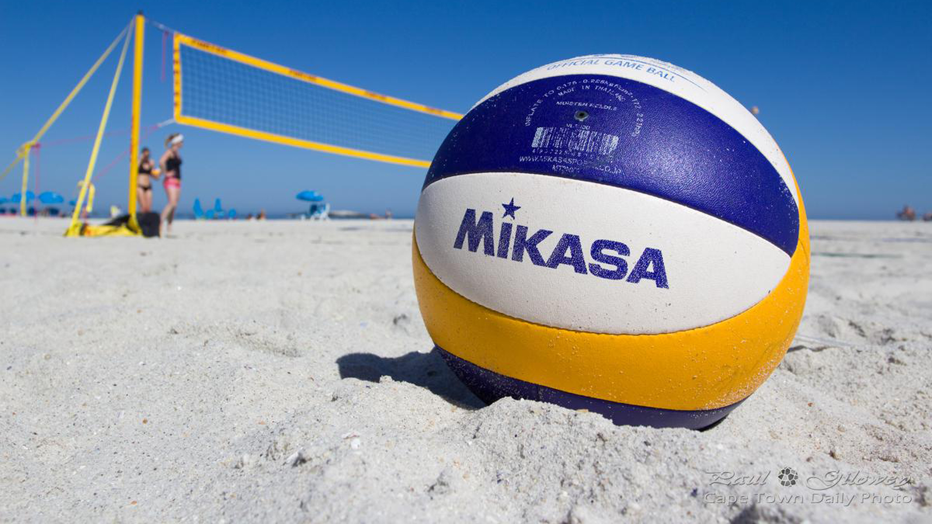 White Blue Yellow Volleyball On Beach Sand In Blue Sky Background HD Volleyball Wallpaper