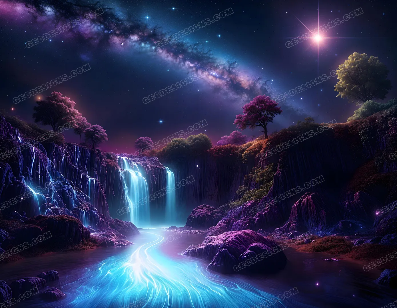 Fantasy waterfall and forest under purple night sky wallpaper