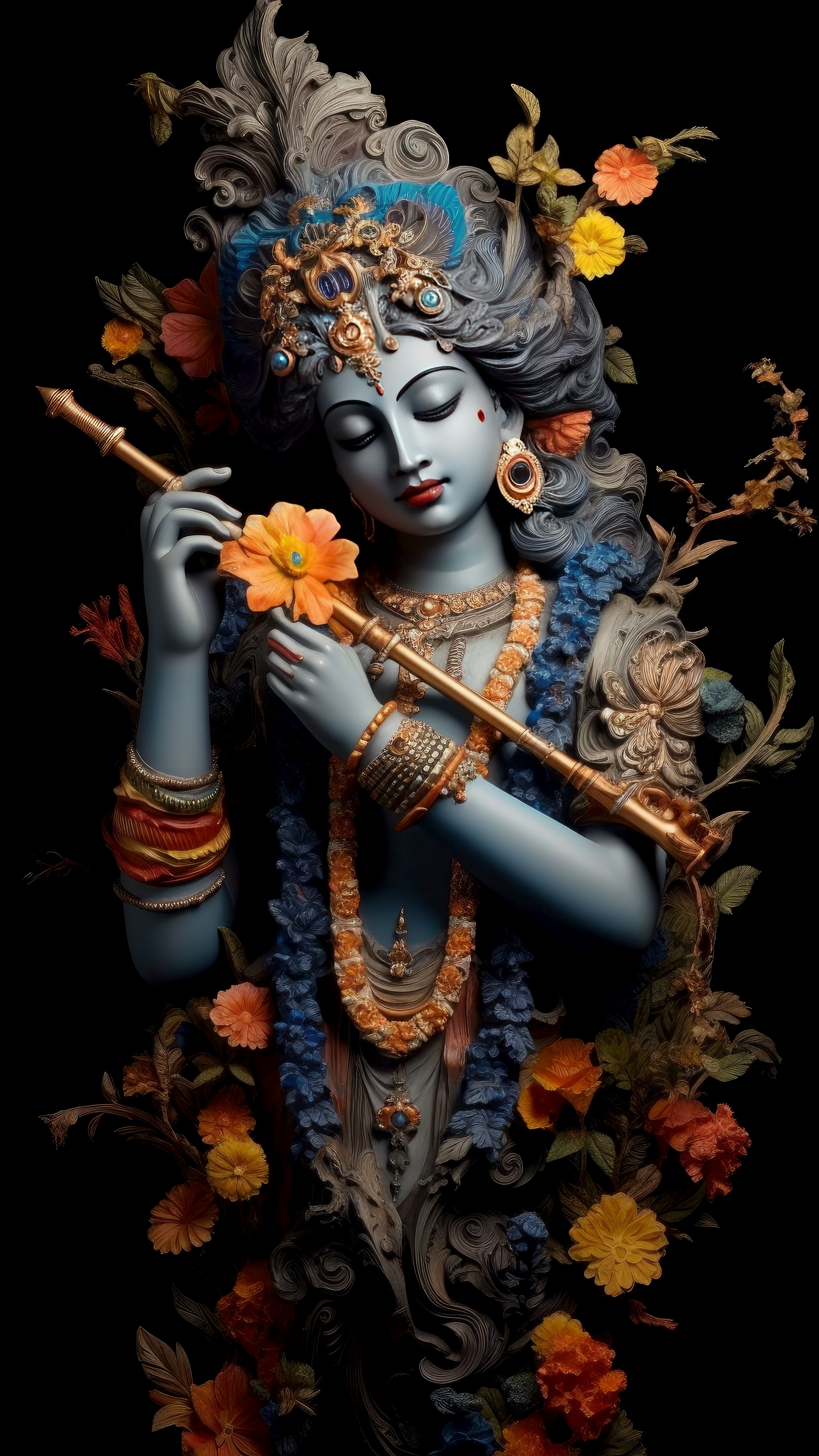 Lord Krishna Wallpaper 4K, AI art, Black background, 10K