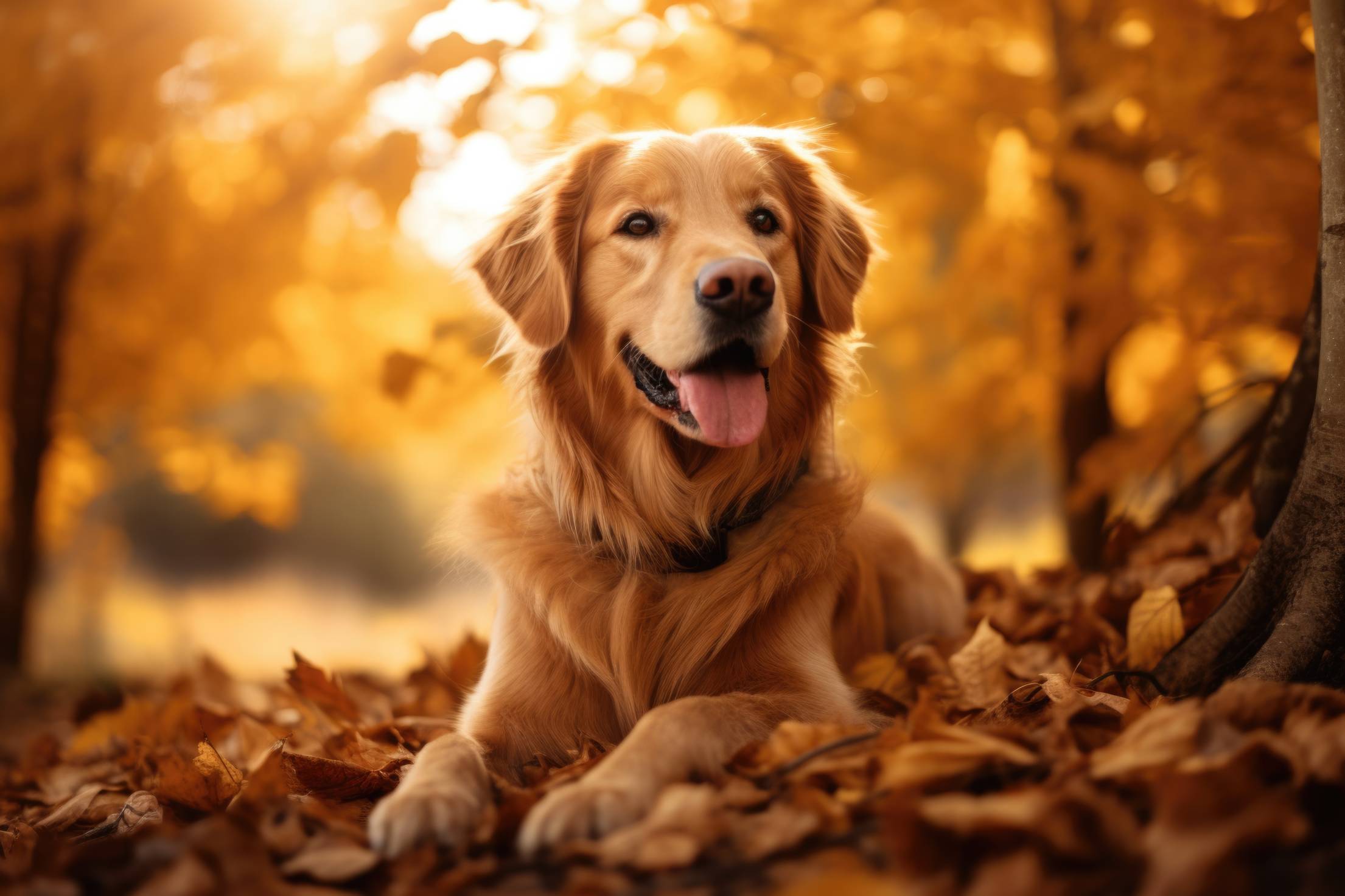 Happy Golden Retriever in Autumn Leaves. Free Nature Image
