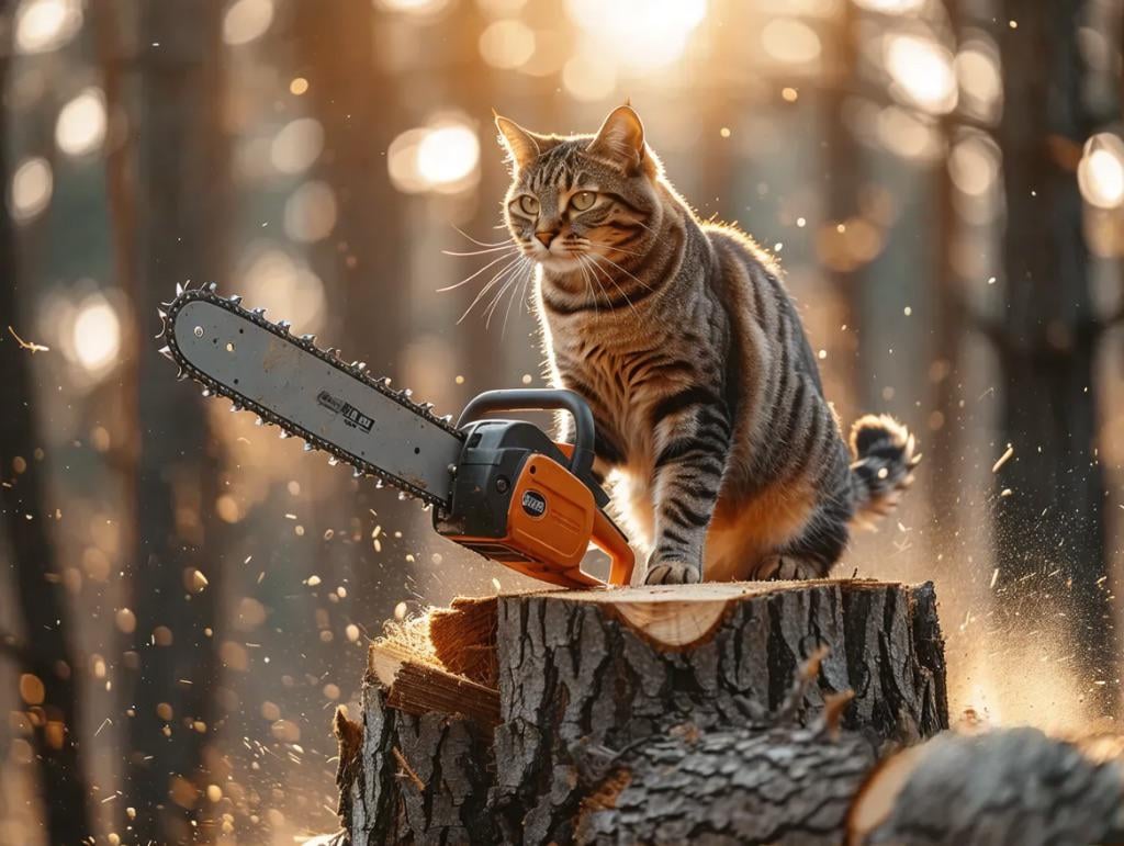 Cat cutting tree with chainsaw