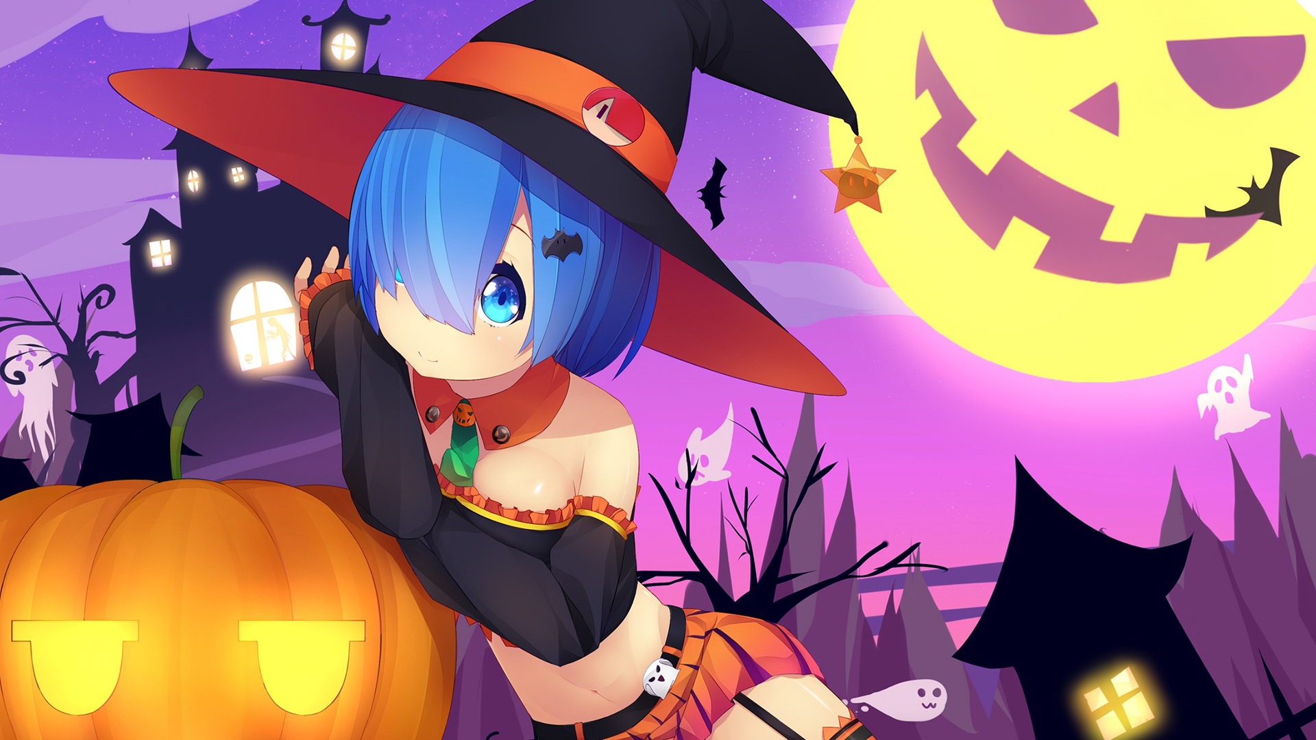 Anime girl in Halloween hat with pumpkins · 1366x768 free photo from godlike and wallpaper