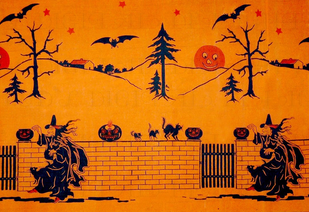 Vintage Halloween Witch, Black Cat, JOL Crepe Paper Illustration (digital Download)