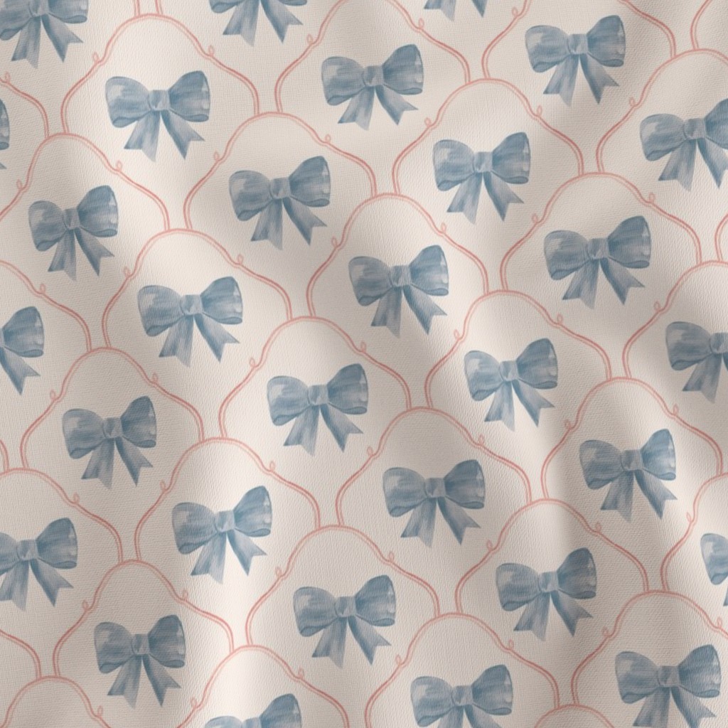 Fabric in Small Dreamy Ribbon Scallope Bow Wallpaper in Soft Pink and Blue