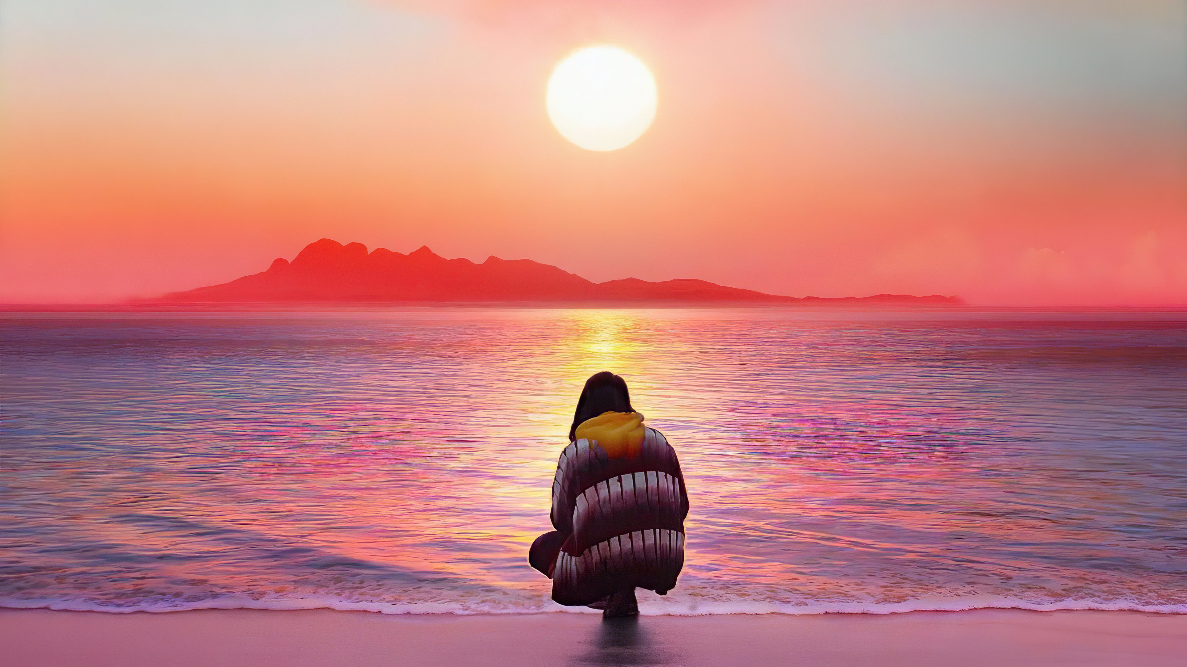 Girl in the beach looking at the sunset Aesthetic Wallpaper 4k for Desktop
