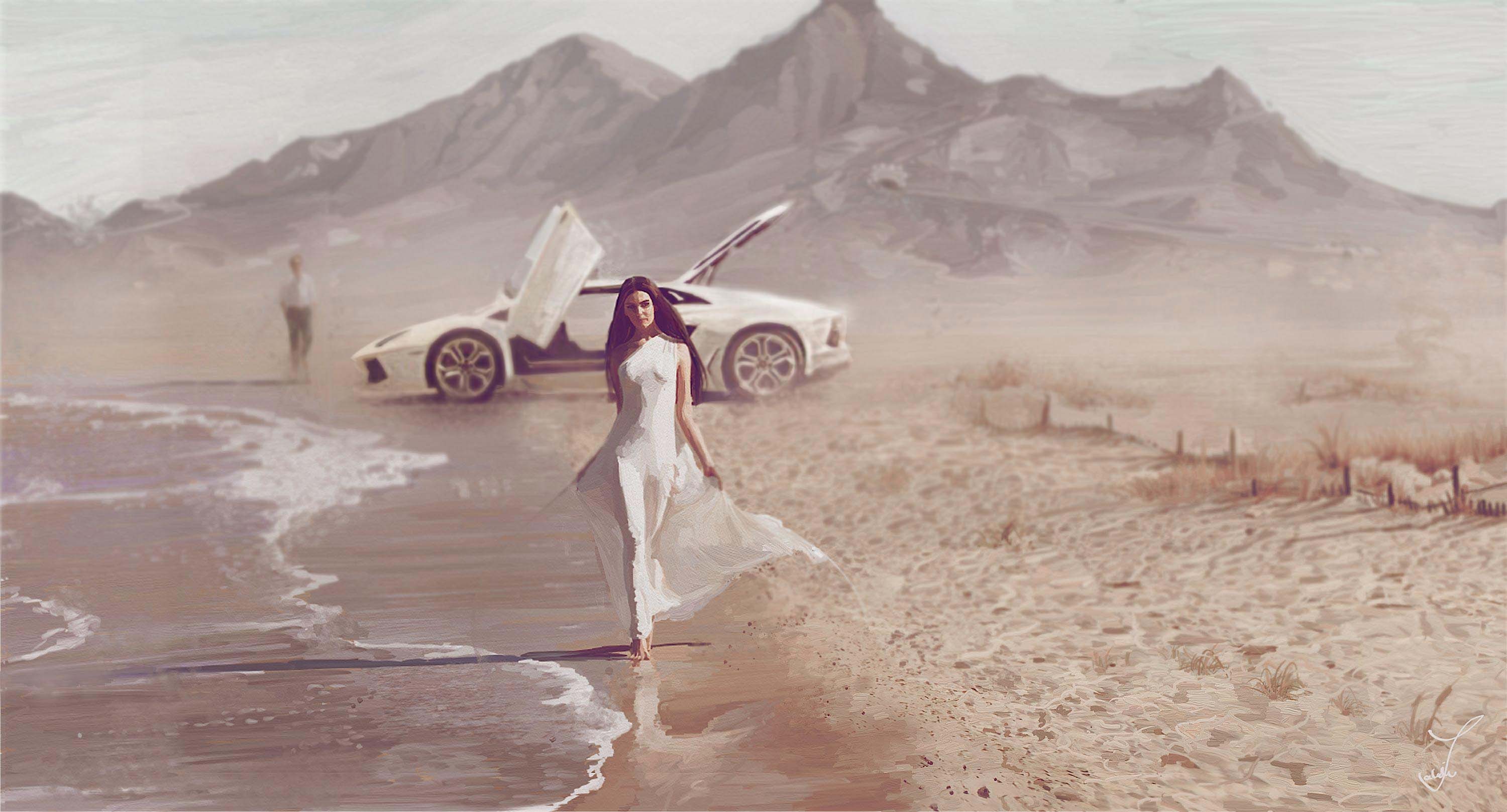 art, Sea, Coast, Girl, Car, Mood, Beach, Lamborghini, Supercar, Brunette Wallpaper HD / Desktop and Mobile Background