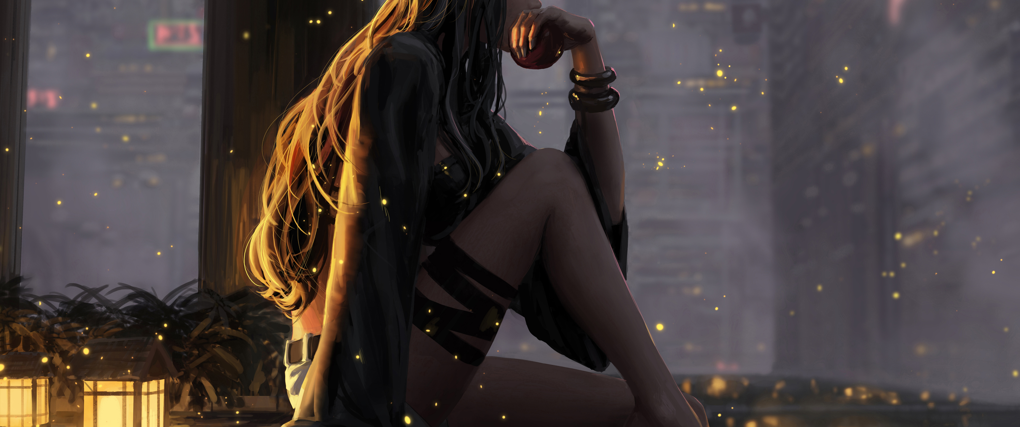Download Sad girl, Anime, Young woman, Town Wallpaper in 3440x1440 Resolution