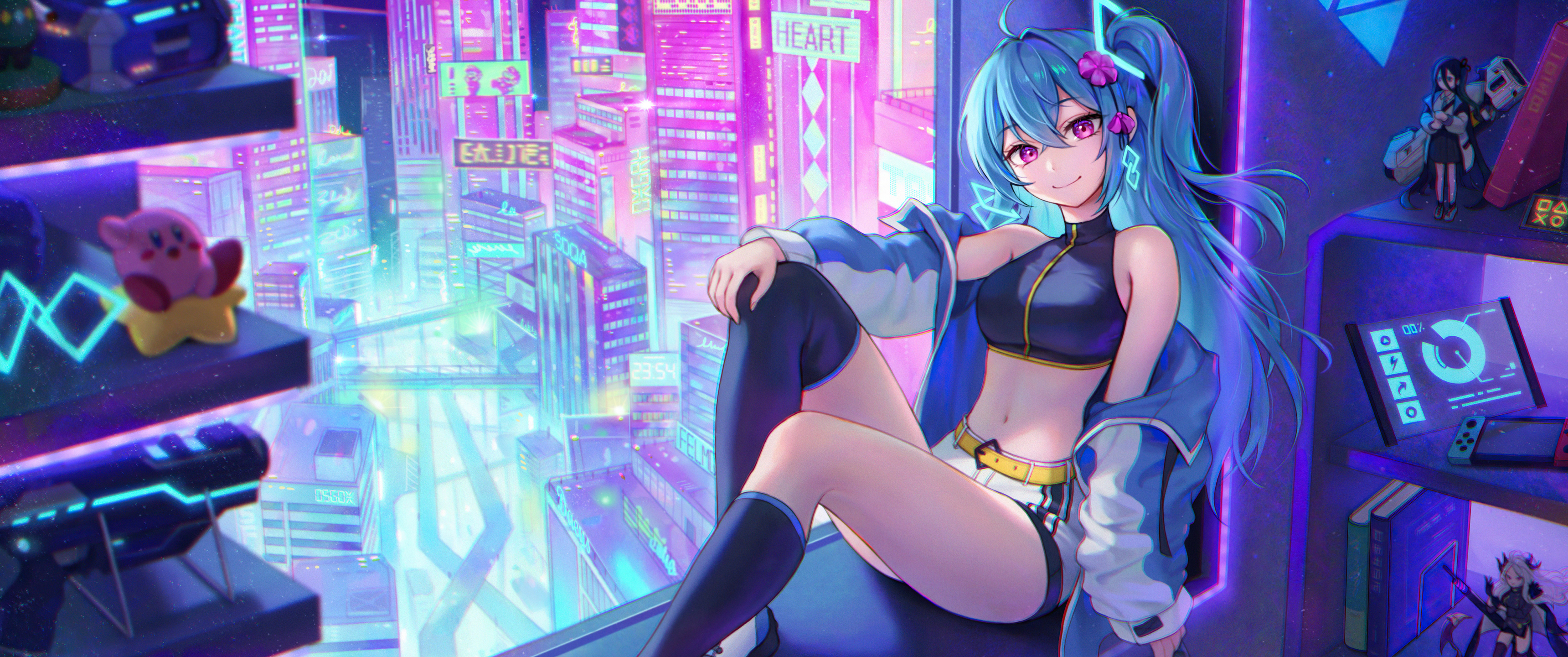 Download Girl on the windowsill, Anime, Young woman, Town, City ​​lights Wallpaper in 3440x1440 Resolution